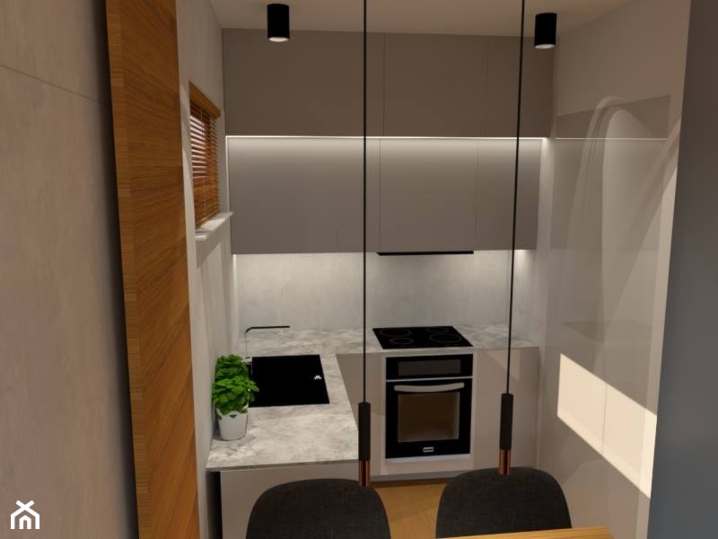 Mieszkanie w Świnoujściu - Mała otwarta szara z zabudowaną lodówką z nablatowym zlewozmywakiem kuchnia w kształcie litery u, styl minimalistyczny - zdjęcie od MVision Studio Projektowe
