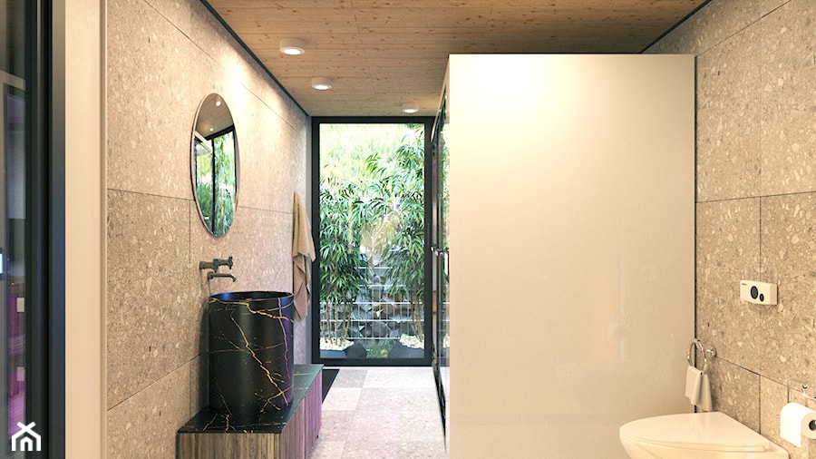 Dom kontenerowy - Średnia z lustrem z punktowym oświetleniem łazienka z oknem, styl nowoczesny - zdjęcie od Design Time