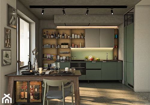 Kuchni - Duża otwarta z kamiennym blatem szara zielona z zabudowaną lodówką z podblatowym zlewozmywakiem kuchnia w kształcie litery l z oknem, styl nowoczesny - zdjęcie od Design Time
