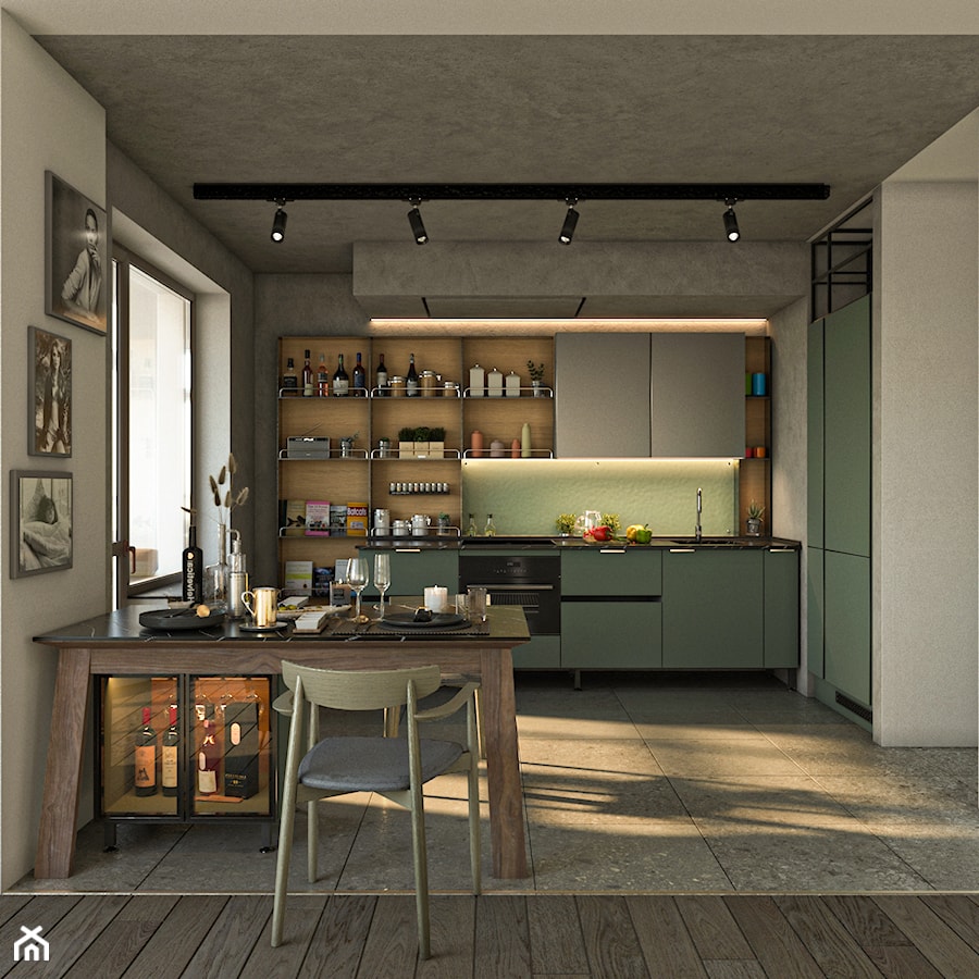 Kuchni - Duża otwarta z kamiennym blatem szara zielona z zabudowaną lodówką z podblatowym zlewozmywakiem kuchnia w kształcie litery l z oknem, styl nowoczesny - zdjęcie od Design Time