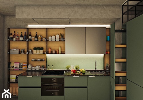 Kuchni - Średnia zamknięta czarna z zabudowaną lodówką z podblatowym zlewozmywakiem kuchnia w kształcie litery l, styl nowoczesny - zdjęcie od Design Time