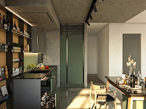 Kuchni - Średnia otwarta z salonem szara z zabudowaną lodówką z podblatowym zlewozmywakiem kuchnia w kształcie litery l, styl nowoczesny - zdjęcie od Design Time