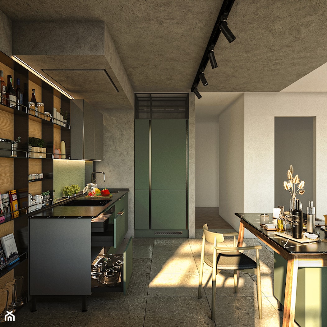 Kuchni - Średnia otwarta z salonem szara z zabudowaną lodówką z podblatowym zlewozmywakiem kuchnia w kształcie litery l, styl nowoczesny - zdjęcie od Design Time - Homebook
