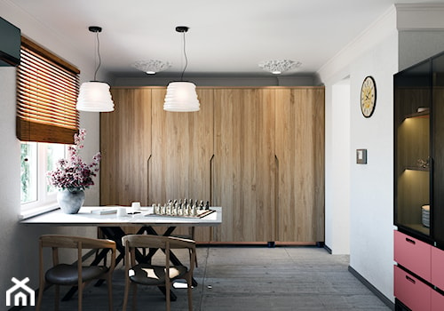 Kuchni - Duża zamknięta biała szara z zabudowaną lodówką kuchnia dwurzędowa z oknem, styl minimalistyczny - zdjęcie od Design Time