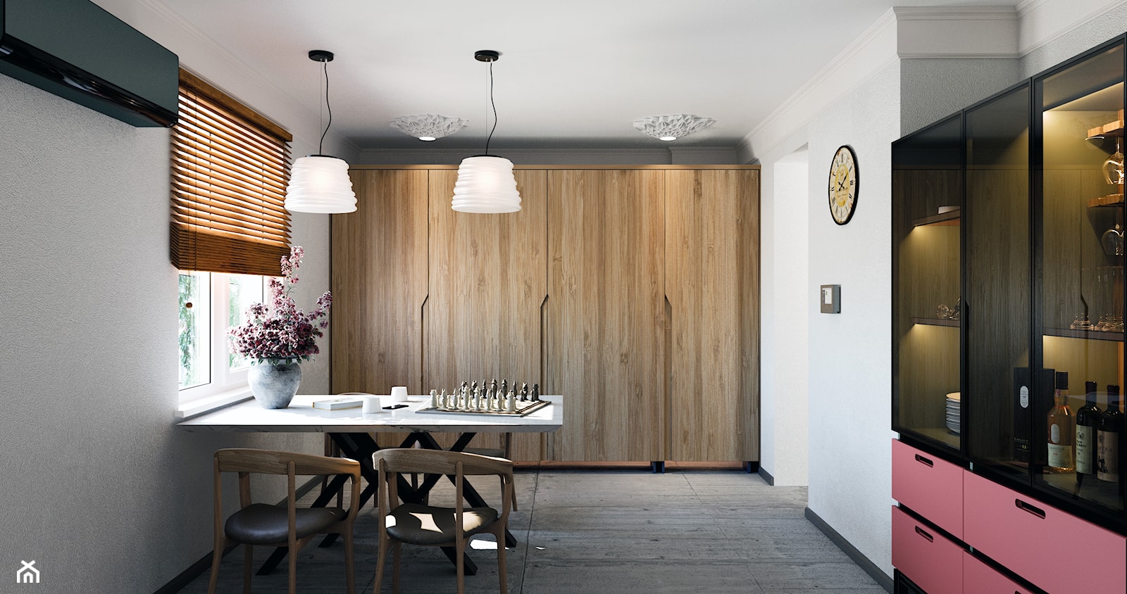 Kuchni - Duża zamknięta biała szara z zabudowaną lodówką kuchnia dwurzędowa z oknem, styl minimalistyczny - zdjęcie od Design Time - Homebook