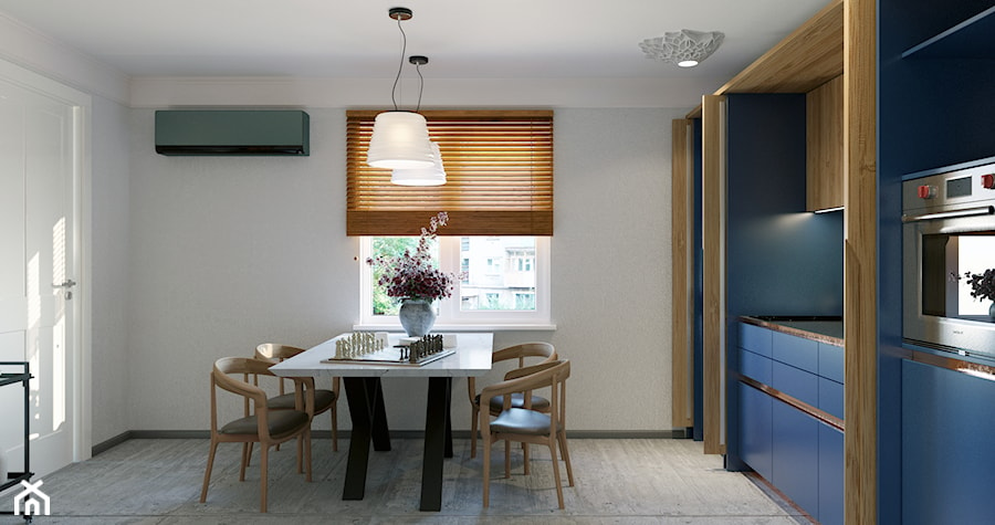 Kuchni - Średnia otwarta z salonem biała niebieska z zabudowaną lodówką kuchnia jednorzędowa z oknem, styl minimalistyczny - zdjęcie od Design Time