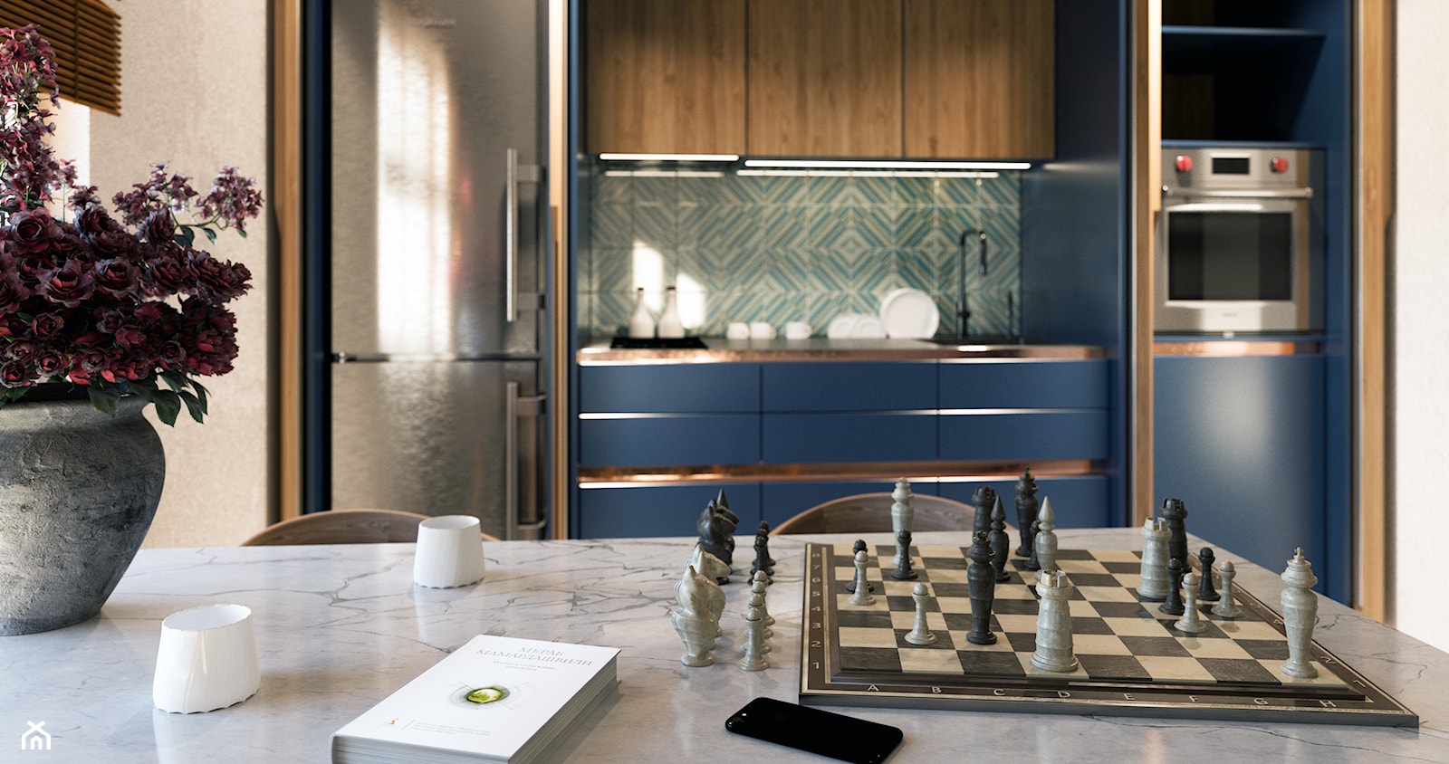 Kuchni - Mała otwarta z salonem biała zielona z zabudowaną lodówką z lodówką wolnostojącą z nablatowym zlewozmywakiem kuchnia jednorzędowa, styl minimalistyczny - zdjęcie od Design Time - Homebook