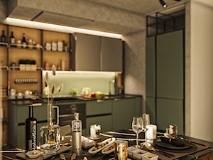 Kuchni - Średnia otwarta z kamiennym blatem szara z zabudowaną lodówką z podblatowym zlewozmywakiem kuchnia w kształcie litery l, styl nowoczesny - zdjęcie od Design Time
