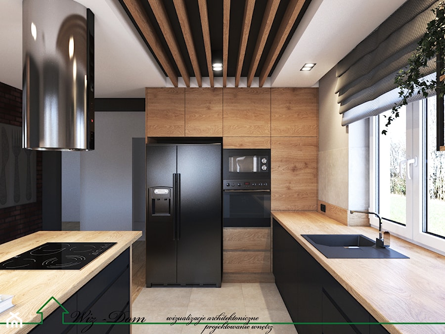 Projekt kuchni w czerni i drewnie - Kuchnia, styl nowoczesny - zdjęcie od Wiz-Dom