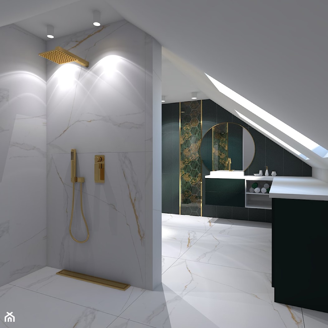 Łazienka w odcieniach bieli, złota i szmaragdu - zdjęcie od prokop_house - Homebook