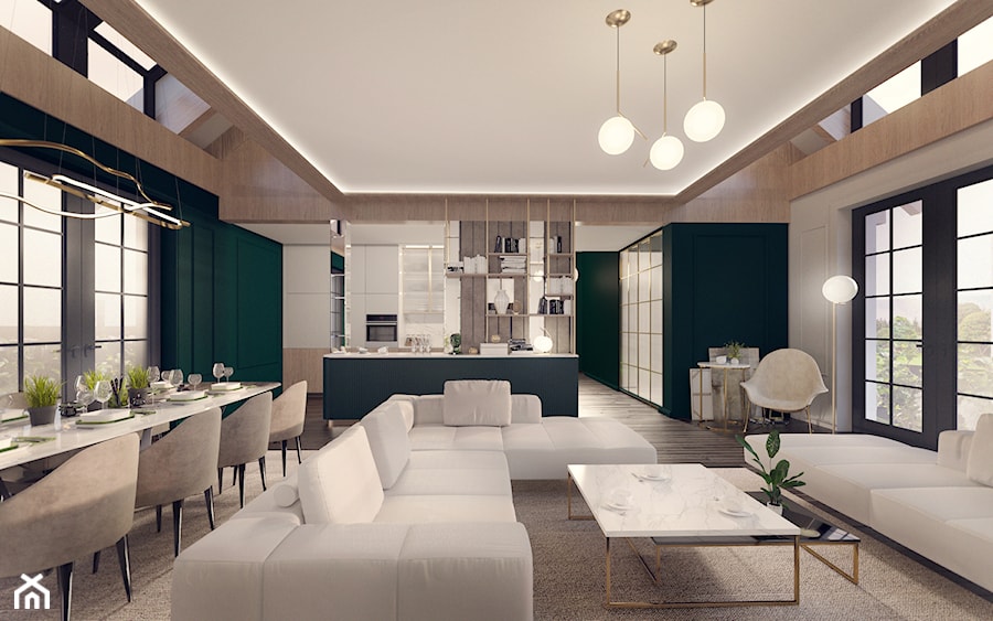 Projekt salonu w stylu nowoczesnym z zielonym akcentem pod Warszawą - zdjęcie od BOHE Architektura