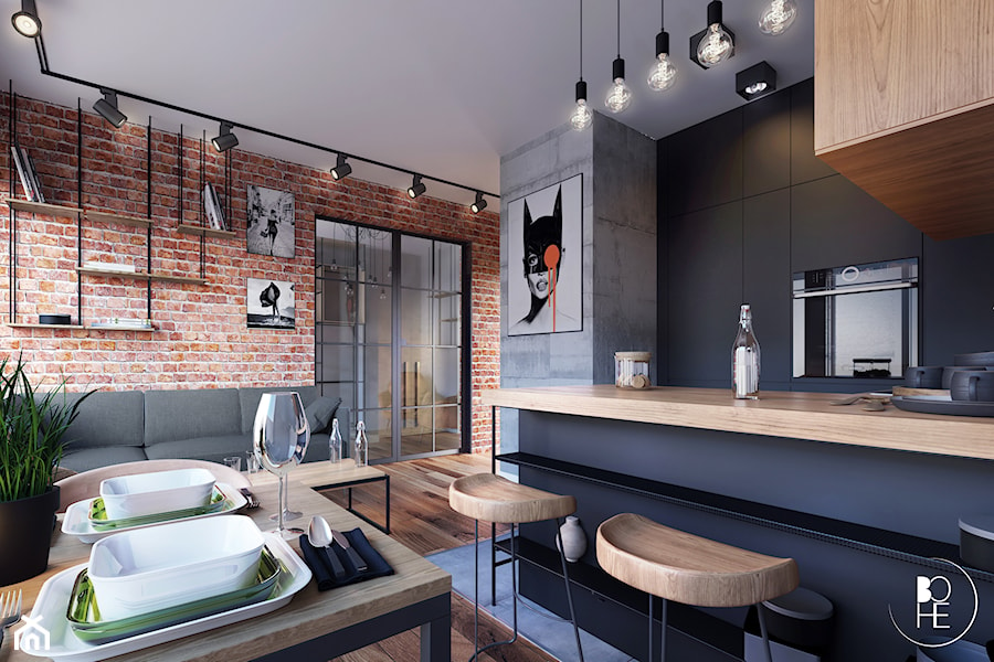 Projekt salonu w stylu industrialnym mieszkania w Białymstoku - zdjęcie od BOHE Architektura