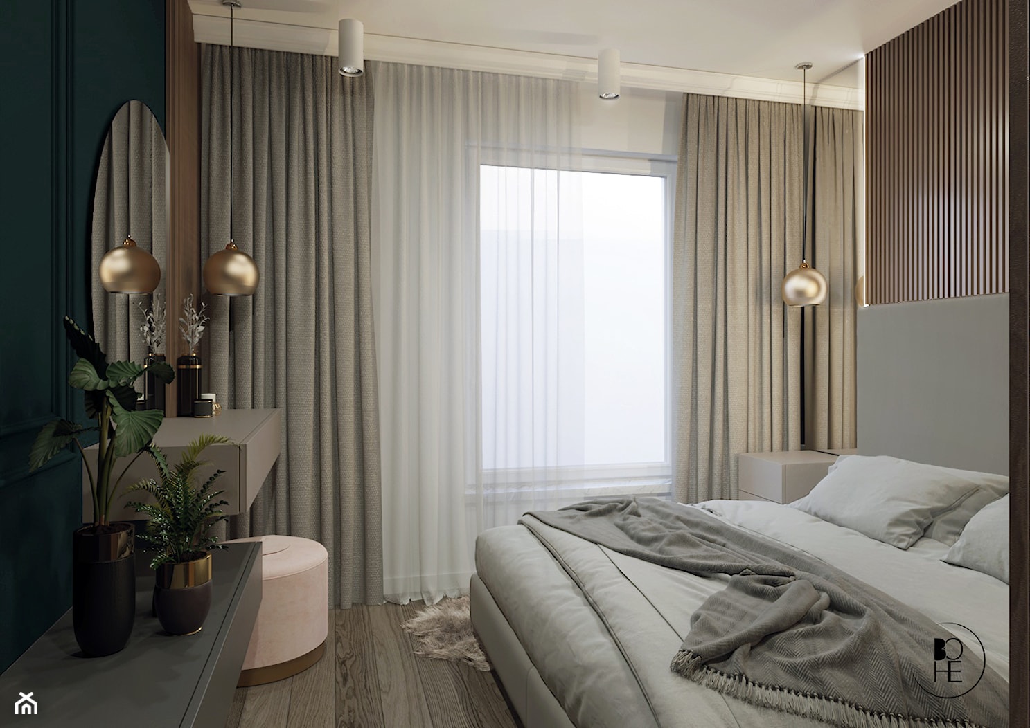 Projekt zielonej sypialni ze sztukaterią - zdjęcie od BOHE Architektura - Homebook