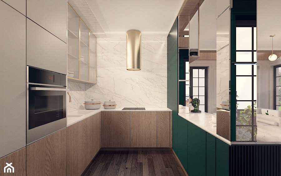 Projekt kuchni w stylu nowoczesnym z zielonym akcentem pod Warszawą - zdjęcie od BOHE Architektura