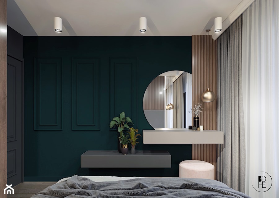 Projekt zielonej sypialni ze sztukaterią - zdjęcie od BOHE Architektura