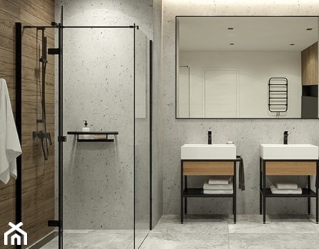 Duża bez okna z lustrem z dwoma umywalkami z punktowym oświetleniem łazienka, styl industrialny - zdjęcie od lazienkionline.pl