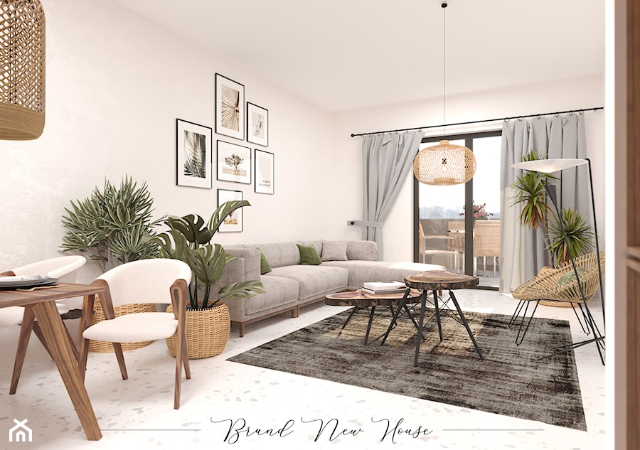 Wnętrze w stylu boho - Średni biały salon z jadalnią z tarasem / balkonem, styl skandynawski - zdjęcie od Brand New House