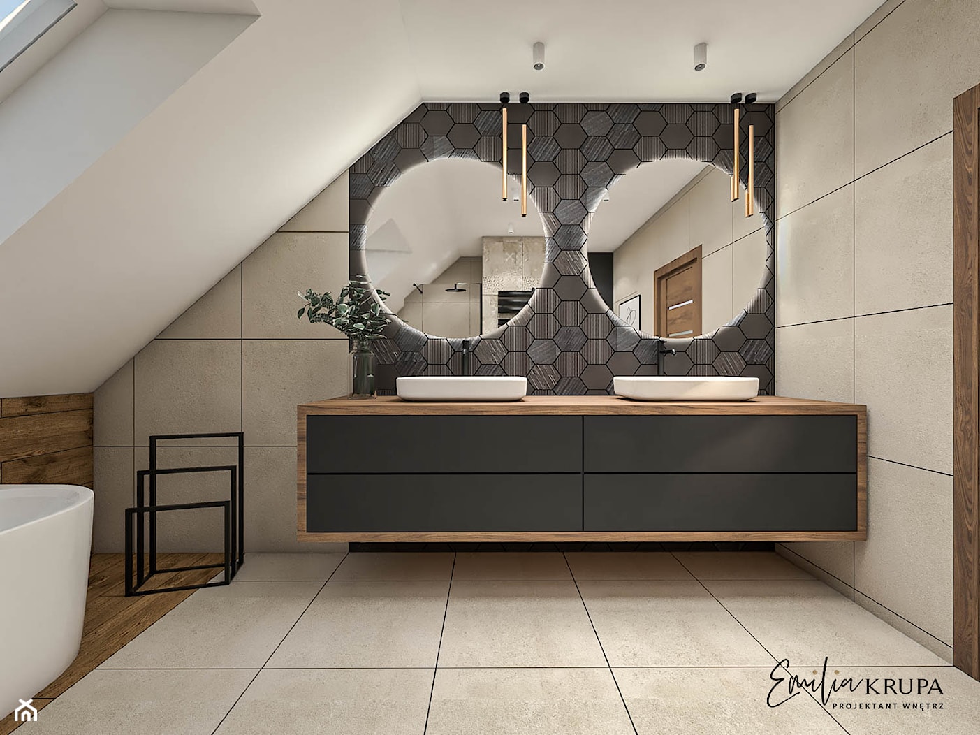 industrialna łazienka okrągłe lustra - zdjęcie od Emilia Krupa Projektant Wnetrz - Homebook