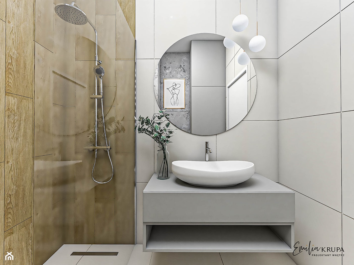 Nowoczesna łazienka z okrągłym lustrem - zdjęcie od Emilia Krupa Projektant Wnetrz - Homebook