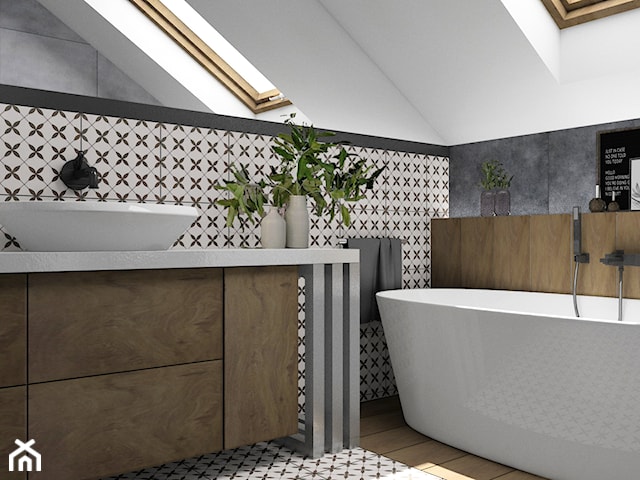 Biało - szara łazienka na poddaszu z elementami drewna i patchwork