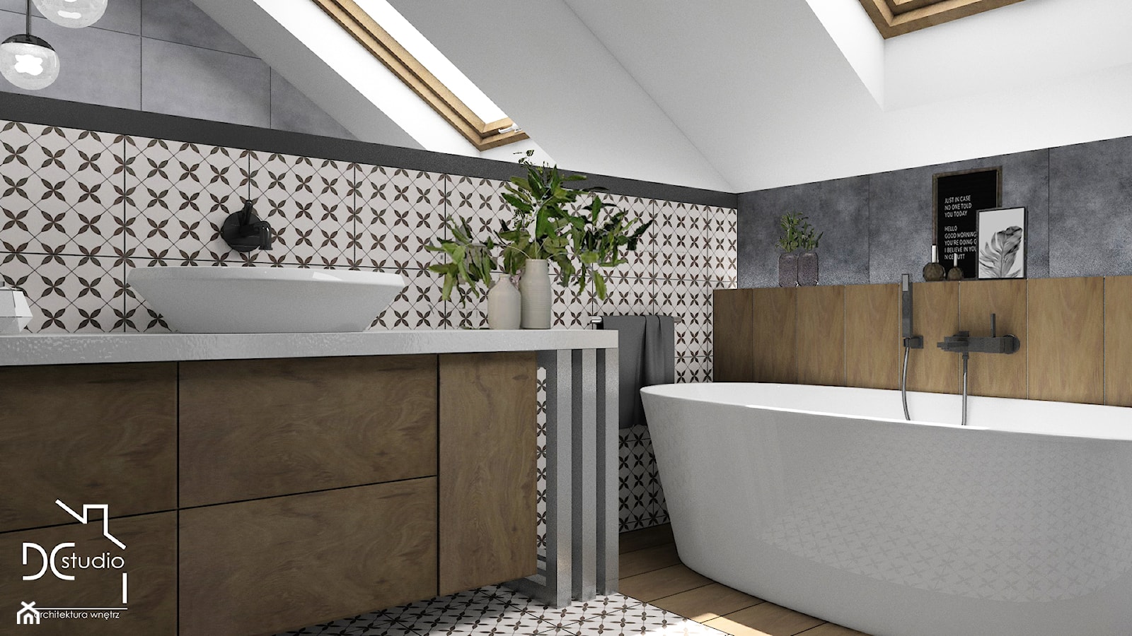 Biało - szara łazienka na poddaszu - zdjęcie od Design Concept Studio Architektura Wnętrz - Homebook