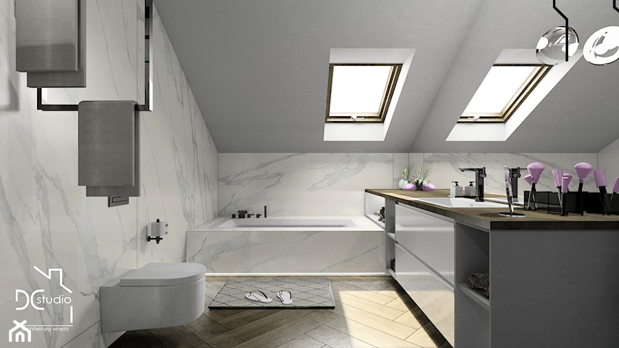 Łazienka na poddaszu z tapetą - Łazienka, styl nowoczesny - zdjęcie od Design Concept Studio Architektura Wnętrz