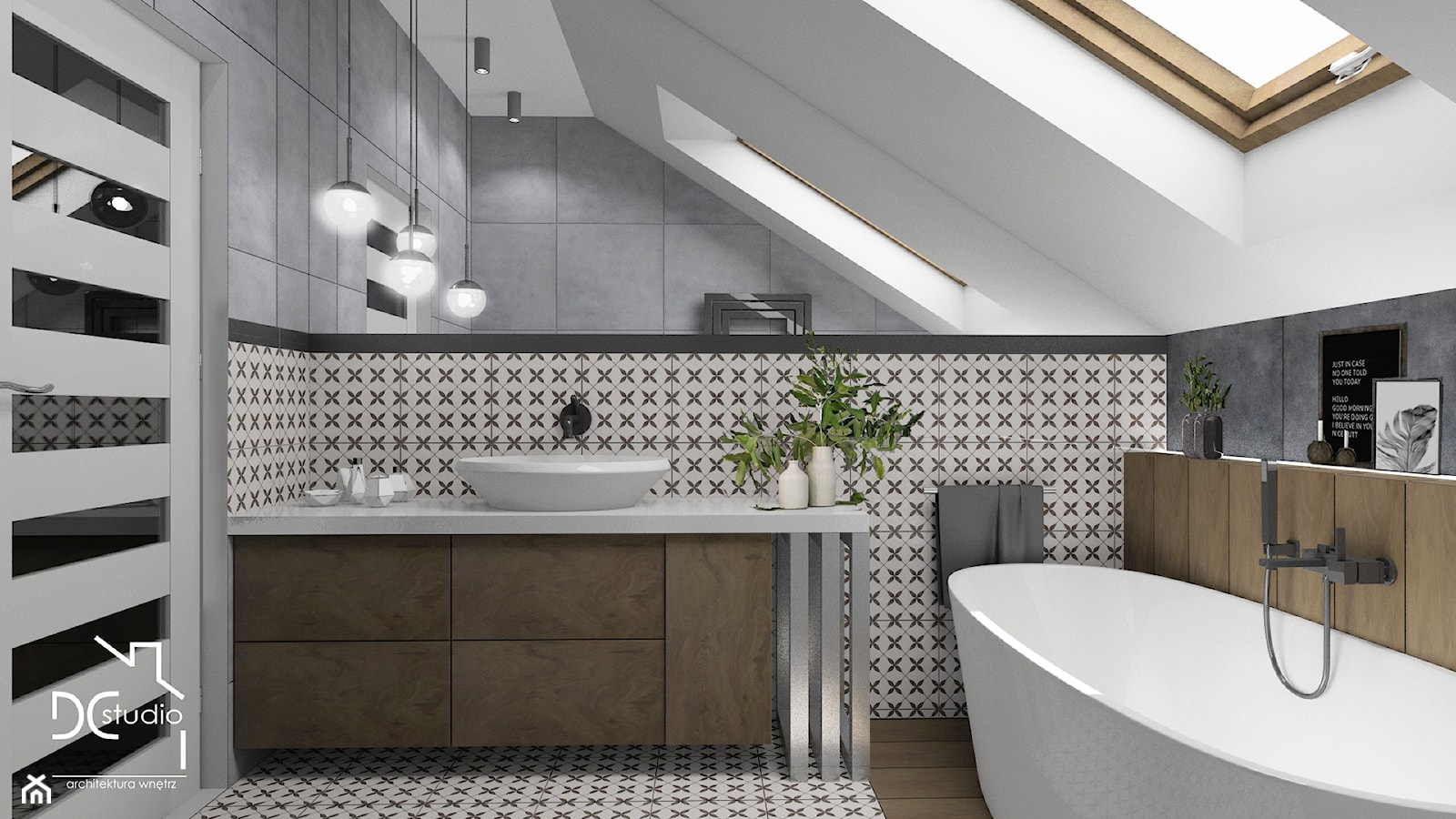 Biało-szara łazienka na poddaszu - zdjęcie od Design Concept Studio Architektura Wnętrz - Homebook