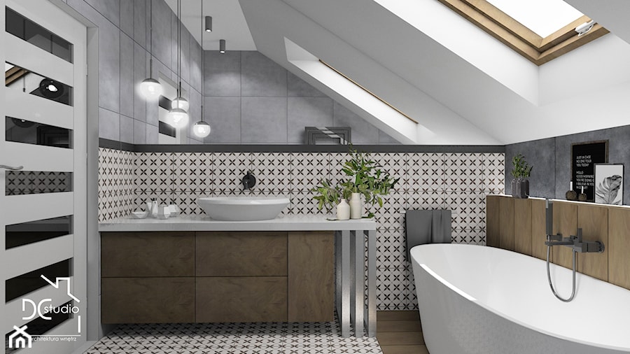 Biało-szara łazienka na poddaszu - zdjęcie od Design Concept Studio Architektura Wnętrz
