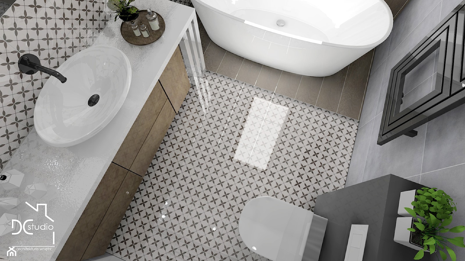 Biało - szara łazienka na poddaszu - zdjęcie od Design Concept Studio Architektura Wnętrz - Homebook