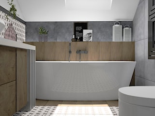Biało - szara łazienka na poddaszu z elementami drewna i patchwork
