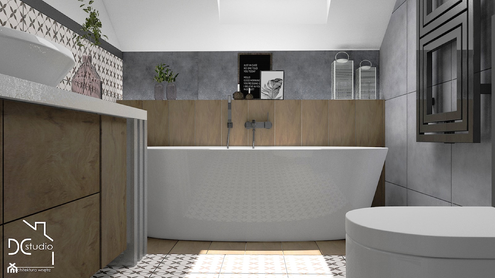 Biało- szara łazienka na poddaszu - zdjęcie od Design Concept Studio Architektura Wnętrz - Homebook