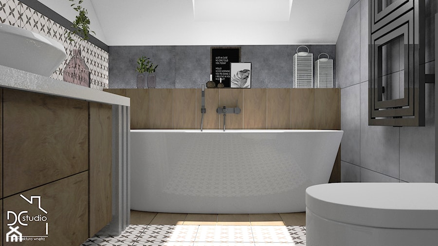 Biało- szara łazienka na poddaszu - zdjęcie od Design Concept Studio Architektura Wnętrz