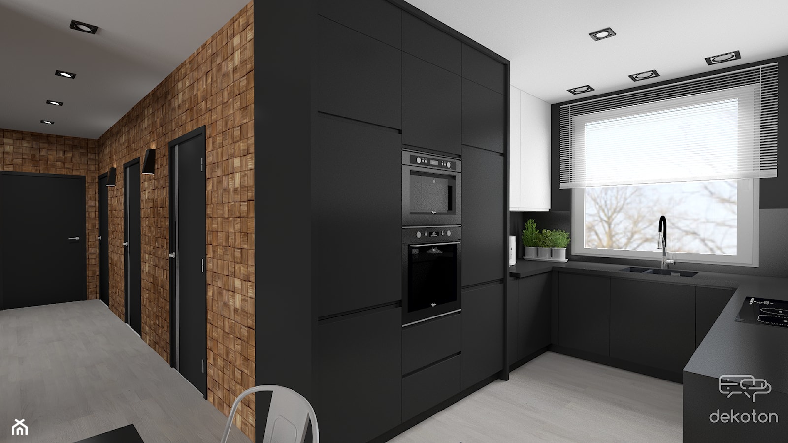 Nowoczesne mieszkanie w czerni i drewnie - Średnia otwarta brązowa czarna z zabudowaną lodówką z podblatowym zlewozmywakiem kuchnia w kształcie litery u, styl nowoczesny - zdjęcie od dekoton - Homebook