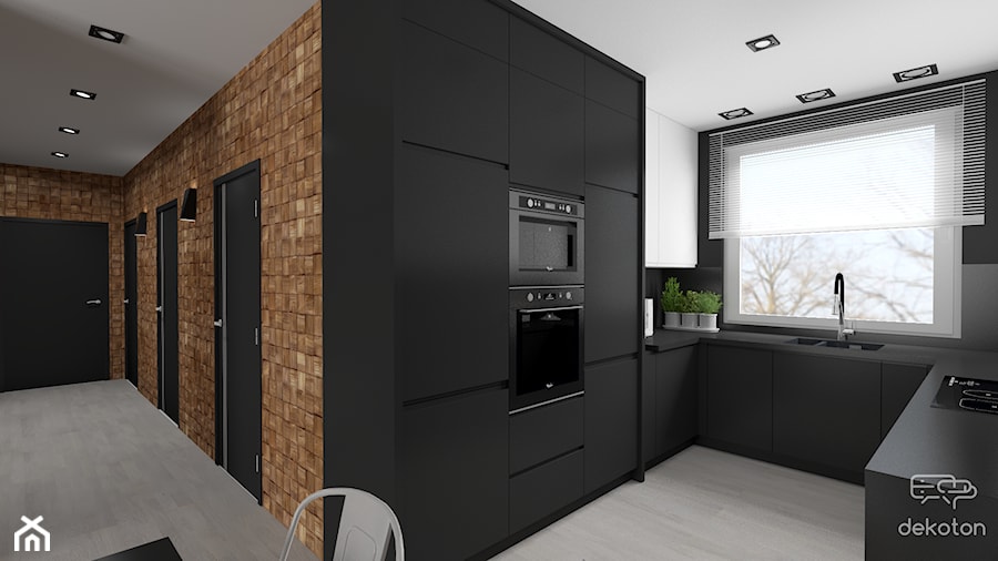 Nowoczesne mieszkanie w czerni i drewnie - Średnia otwarta brązowa czarna z zabudowaną lodówką z podblatowym zlewozmywakiem kuchnia w kształcie litery u, styl nowoczesny - zdjęcie od dekoton