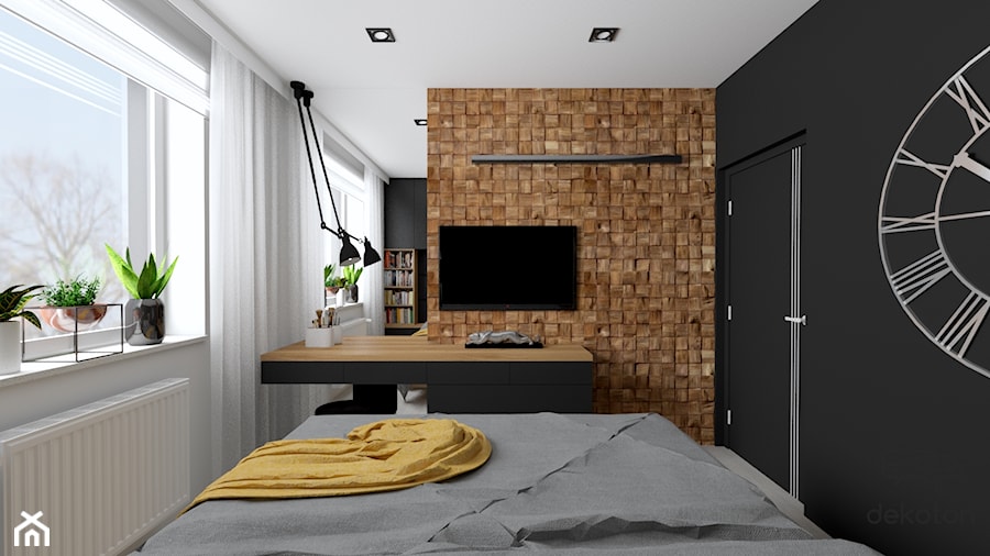 Sypialnia nowoczesna czarna z drewnem - zdjęcie od dekoton