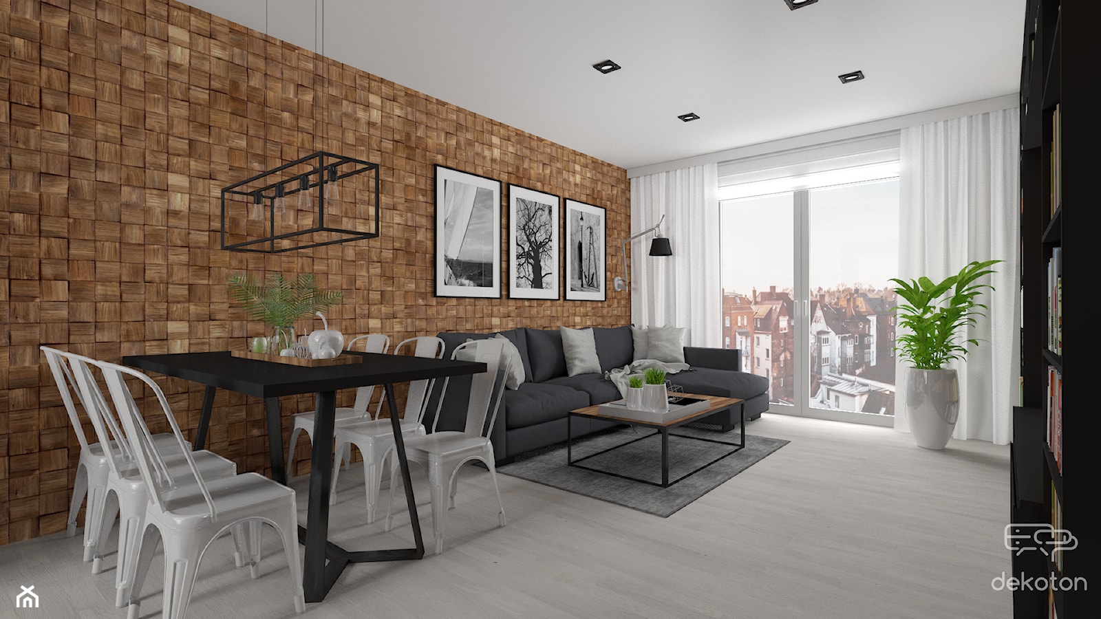 Nowoczesne mieszkanie w czerni i drewnie - Duży biały salon z jadalnią, styl nowoczesny - zdjęcie od dekoton - Homebook