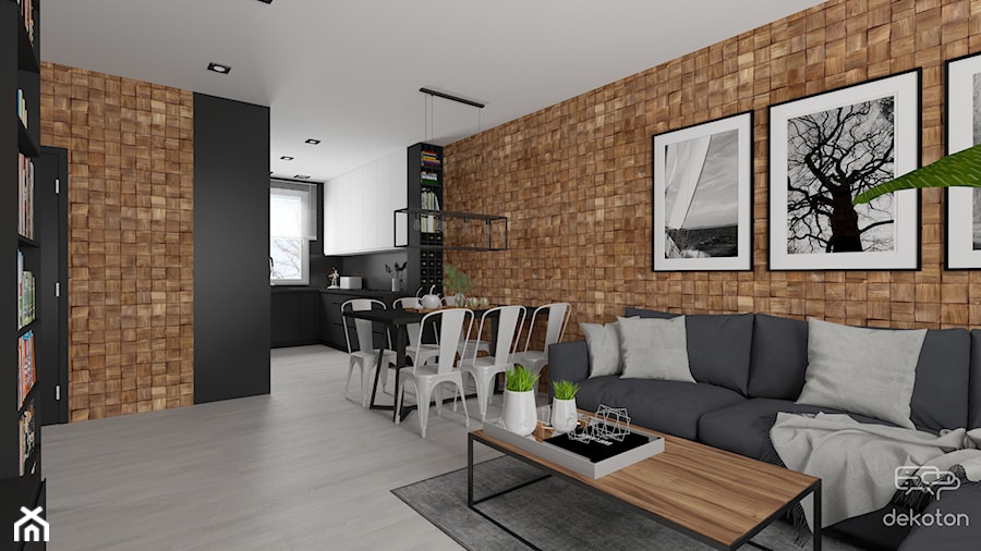 Nowoczesne mieszkanie w czerni i drewnie - Salon, styl nowoczesny - zdjęcie od dekoton