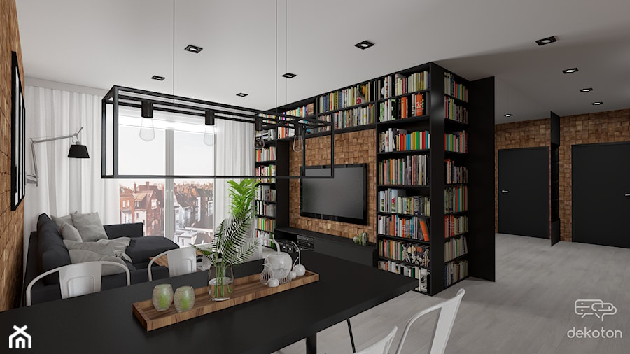 Nowoczesne mieszkanie w czerni i drewnie - Salon, styl nowoczesny - zdjęcie od dekoton