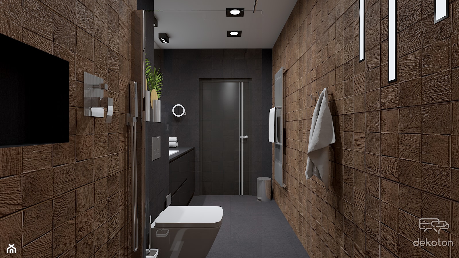 Nowoczesne mieszkanie w czerni i drewnie - Średnia bez okna z lustrem z punktowym oświetleniem łazienka, styl nowoczesny - zdjęcie od dekoton - Homebook