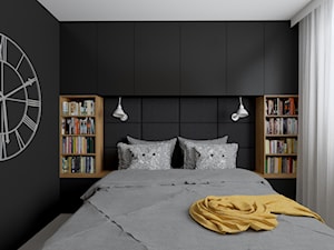 Sypialnia nowoczesna czarna z drewnem - zdjęcie od dekoton