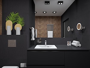 Nowoczesne mieszkanie w czerni i drewnie - Bez okna z lustrem z punktowym oświetleniem łazienka, styl nowoczesny - zdjęcie od dekoton