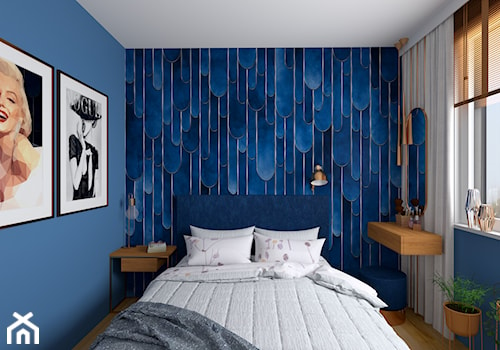 Wyraziste niebieskie mieszkanie z akcentami miedzianymi - Średnia niebieska sypialnia, styl nowocze ... - zdjęcie od dekoton