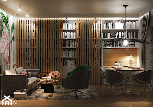 FLAMINGOS - Średni szary salon z jadalnią z bibiloteczką, styl nowoczesny - zdjęcie od Ludwinowska Studio Architektury