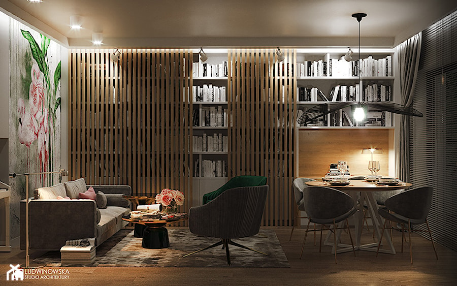 FLAMINGOS - Średni szary salon z jadalnią z bibiloteczką, styl nowoczesny - zdjęcie od Ludwinowska Studio Architektury