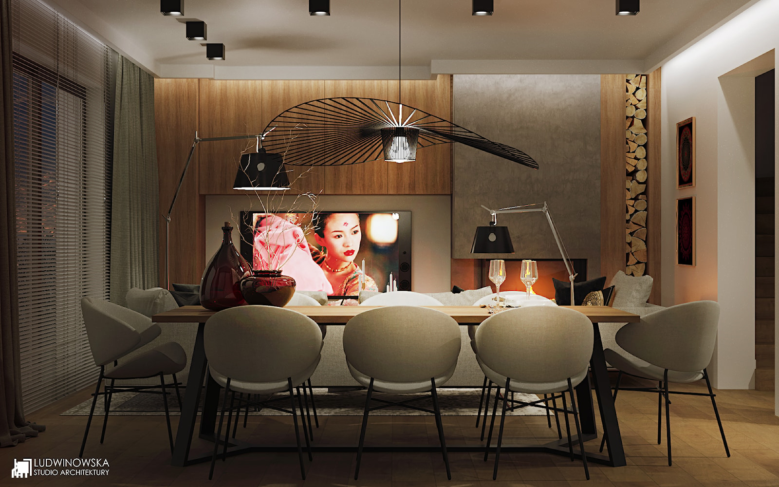 GEISHA - Średnia beżowa biała szara jadalnia w salonie, styl nowoczesny - zdjęcie od Ludwinowska Studio Architektury - Homebook