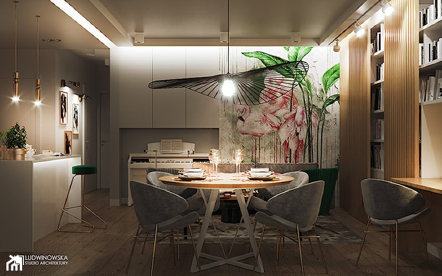 FLAMINGOS - Średnia beżowa biała jadalnia w salonie, styl nowoczesny - zdjęcie od Ludwinowska Studio Architektury