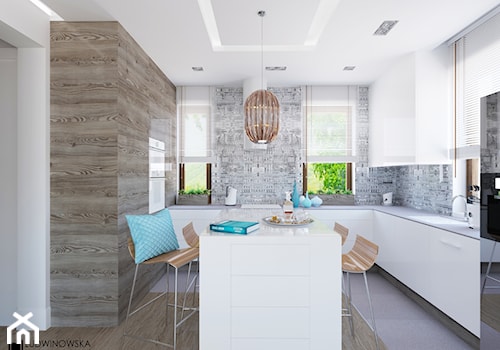 TURQUISE - Duża otwarta z salonem z zabudowaną lodówką kuchnia w kształcie litery l z oknem, styl minimalistyczny - zdjęcie od Ludwinowska Studio Architektury