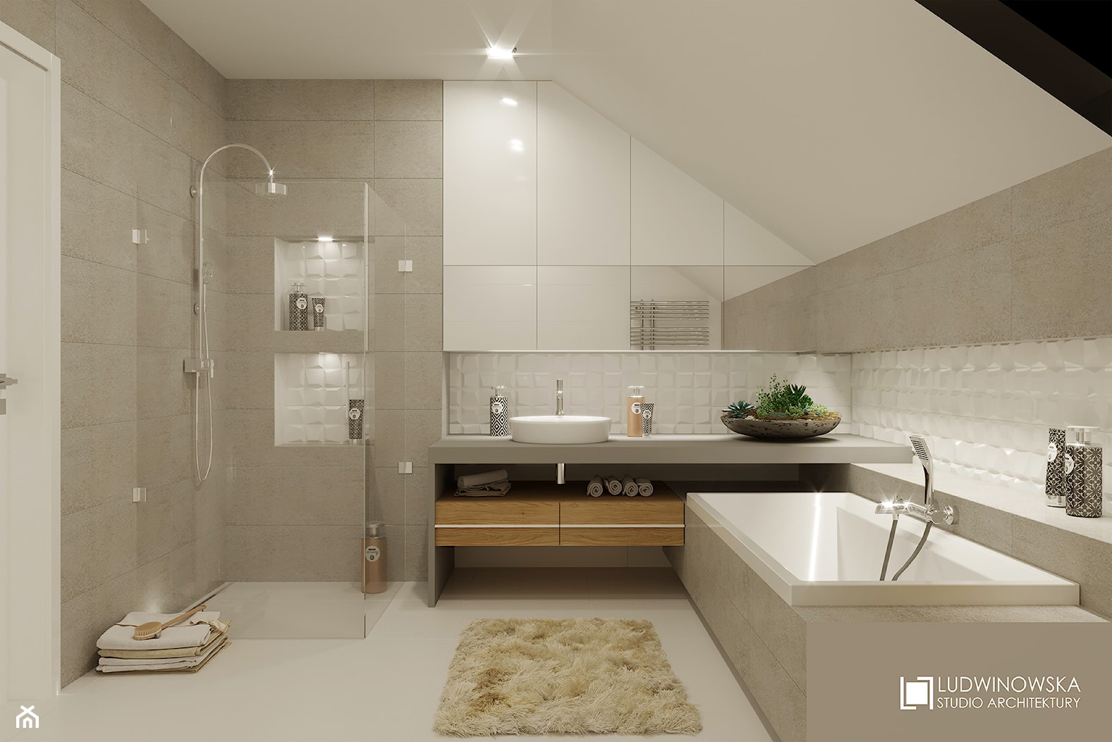 RIFLESSO - Średnia na poddaszu bez okna z marmurową podłogą łazienka, styl minimalistyczny - zdjęcie od Ludwinowska Studio Architektury - Homebook