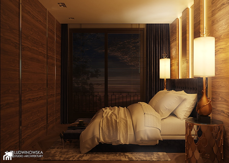 sypialnia, przytulna, elegancka, fornir orzech amerykański, lustra, granat - zdjęcie od Ludwinowska Studio Architektury