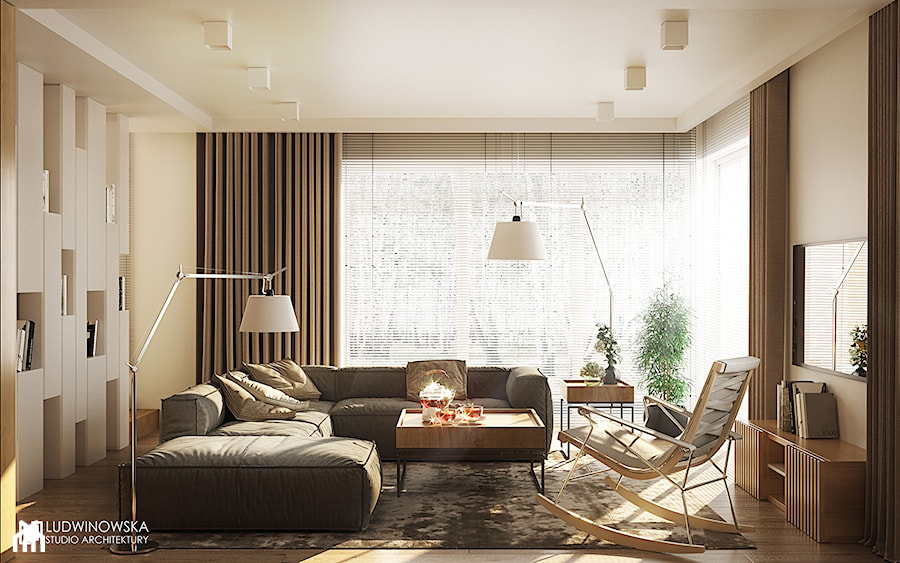 FOREST HOME - Duży beżowy salon z bibiloteczką, styl skandynawski - zdjęcie od Ludwinowska Studio Architektury